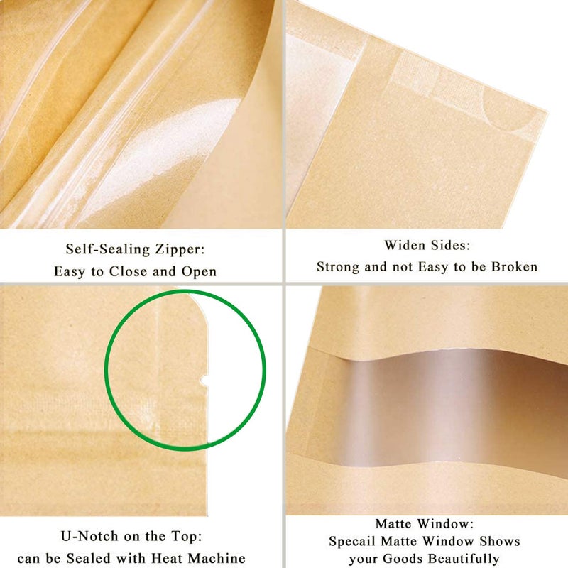 SumDirect Kraft Stand Up Pouches - 50Pcs Resealable Kraft Paper Stand Up Bags with Window, Zipper Disposable Food Storage Bags for Home or Business (50, 5.5x7.8inch) - Image 4